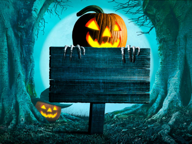 istock Jack O'Lantern Peeking Above An Old Wooden Sign 1338941006