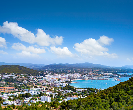 Santa Eulalia Eularia des Riu skyline Ibiza at Balearic Islands