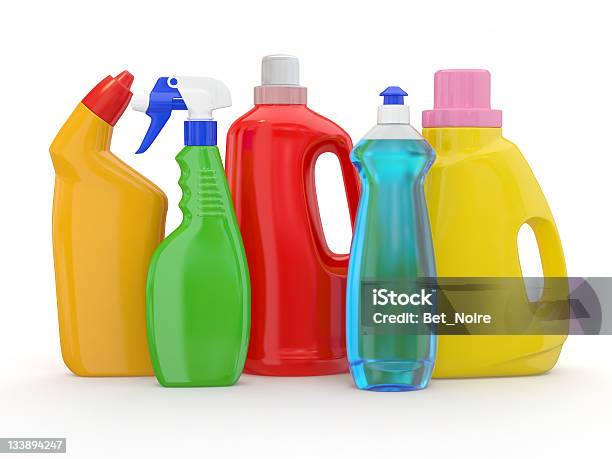 Different Detergent Bottles On White Background Stock Photo - Download Image Now - Bottle, Chemical, Choice