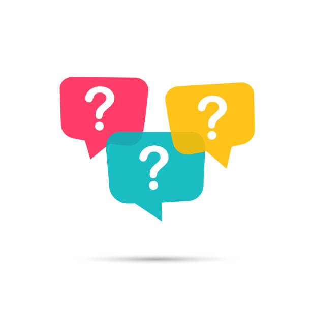 three linear chat speech message bubbles with question marks. forum icon. communication concept. stock vector illustration isolated on white background - soru sormak stock illustrations