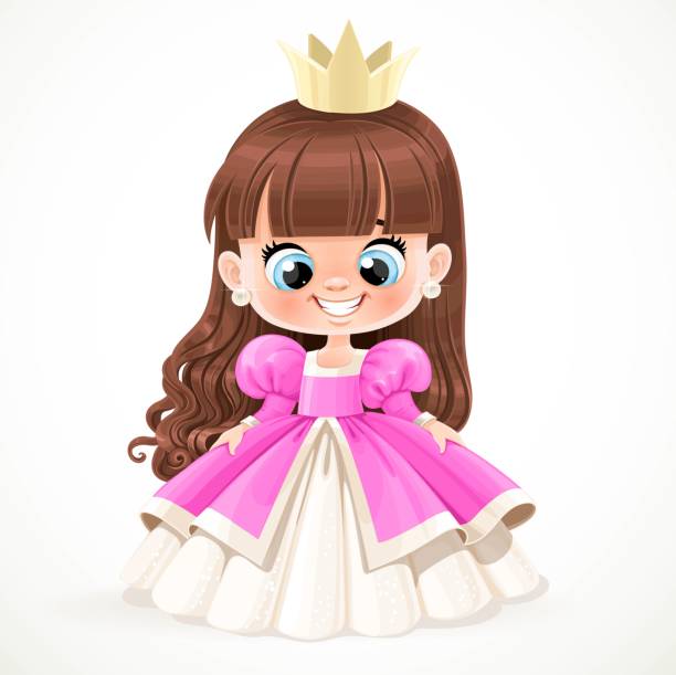 Cute baby princess with long chocolate hair in pink dress isolated on a white background Cute baby princess with long chocolate hair in pink dress isolated on a white background pink gown stock illustrations