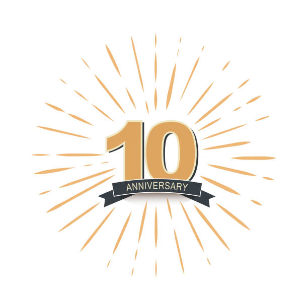 ilustraciones, imágenes clip art, dibujos animados e iconos de stock de plantilla aislada de emblema vectorial retro del 10º aniversario. logotipo vintage décimos años con cinta y saludo - number 10 flash