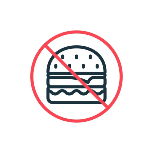 Vector illustration of Unhealthy Forbidden Food Line Icon. Prohibition of Eating Here Linear Pictogram. Concept of Ban Burger with Stop Sign Outline Icon. Dont Allow Food. Editable Stroke. Isolated Vector Illustration