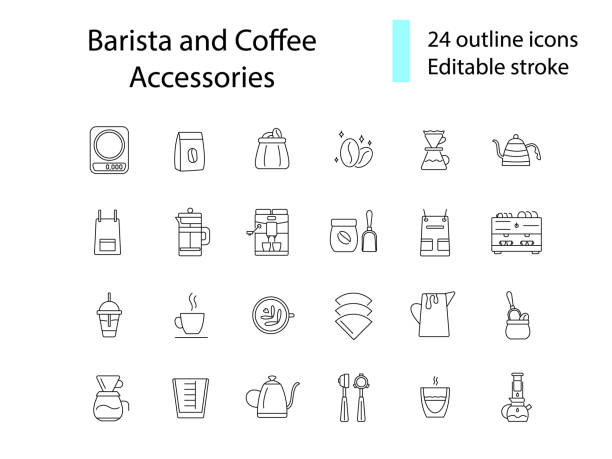 Professional barista accessories outline icons set. Drink making appliance.Editable stroke. Isolated vector illustration Professional barista accessories outline icons set. Drink making appliance. Cup, glass and kettler. Customizable linear contour symbols collection. Editable stroke. Isolated vector stock illustration caffeine illustrations stock illustrations