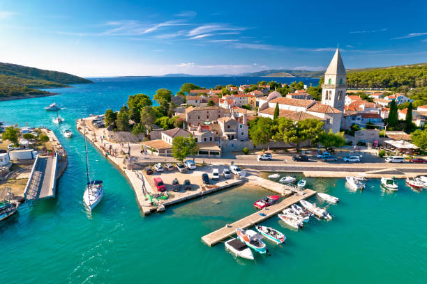 Town of Osor aerial view, bridge between Cres and Mali Losinj islands Town of Osor aerial view, bridge between Cres and Mali Losinj islands, Adriatic archpelago of Croatia hvar photos stock pictures, royalty-free photos & images