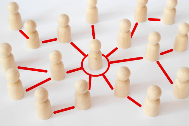 istock people figurines connected by blue lines. Cooperation and interaction between people and employees. 1338947642