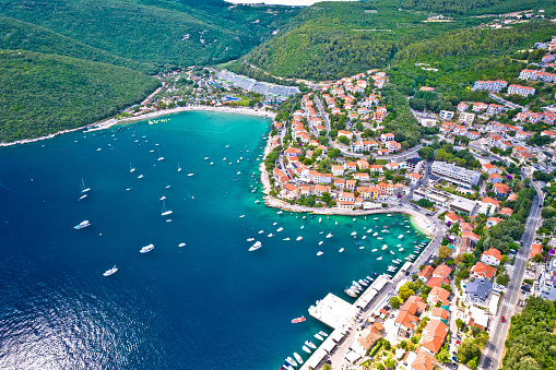 Tourist town of Rabac coastline aerial view, Istria region of Croatia