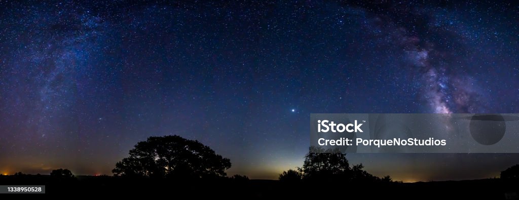 Panoramic View of the Milky Way Galaxy In the Central Texas Land Night Stock Photo