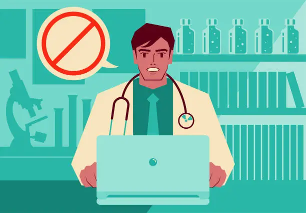 Vector illustration of Handsome young doctor using a laptop providing telemedicine services and advising patients to avoid something with a forbidden sign