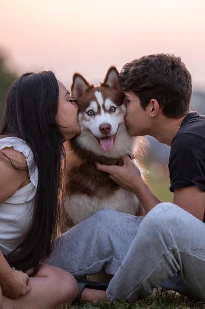 公園で犬と若いカップル - dog kiss ストックフォトと画像