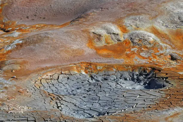 Photo of Closeup of cracks in boiling mud pools in Hverir, a geothermal area not far from Lake Myvatn in northern Iceland