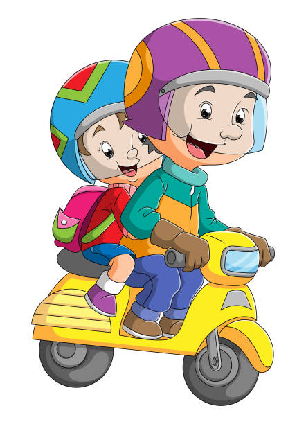 ilustraciones, imágenes clip art, dibujos animados e iconos de stock de el joven circula en moto con el hijo - 7958