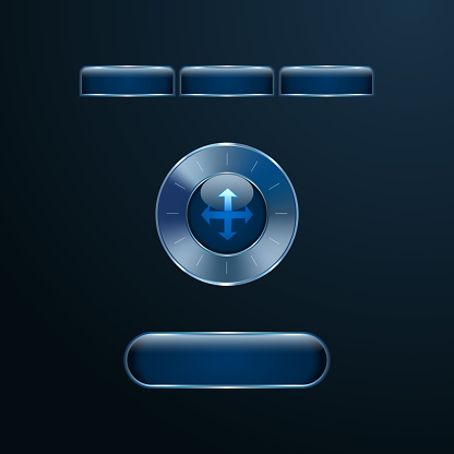 Blue glass futuristic user interface buttons, tabs and round control knob with chrome metallic frames on dark blue background. Vector illustration