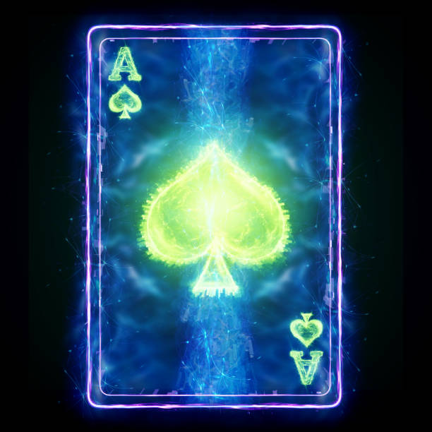 istock neon playing card for poker Ace Spade on a black background isolate. Design template. Casino concept, gambling, header for the site. Copy space, 3D illustration, 3D render. 1338963421