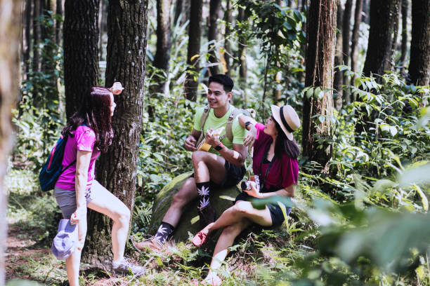 istock group young adult taking vacation and singing in the forest 1338963530