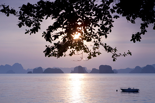 Sunrise views of the karst islands in Phang Nga, Thailand.