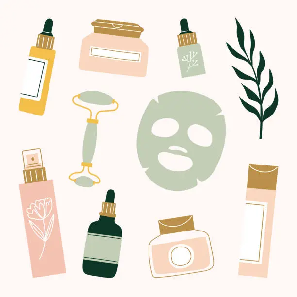 Vector illustration of Skincare routine products sheet mask, face roller, serum, essential oil, moisturizer, mist, toner, cleansing balm and essence.