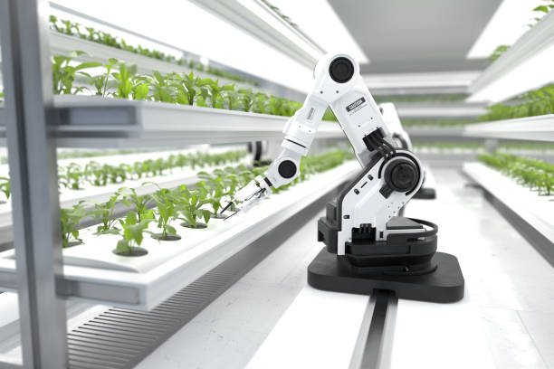 スマートロボット農家のコンセプト、ロボット農家、農業技術、ファームオートメーション。 - 自動溶接トーチ ストックフォトと画像