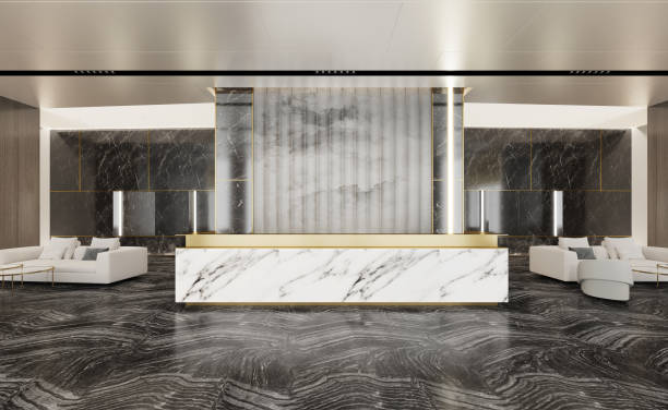istock Reception hall interior,marble tuxture and living sofa beside.3D render 1338976641