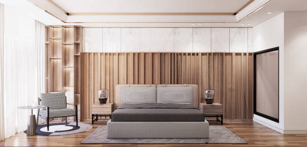 istock Modern wooden bedroom with daylight from large window. 3D render 1338976678