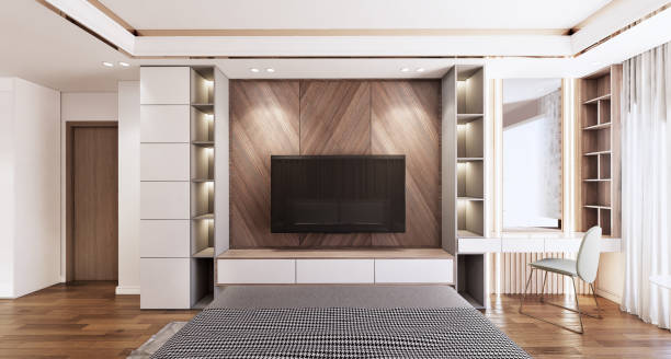 современный интерьер спальни, посмотрите на экран телевизора. 3d-рендеринг - apartment design domestic room television стоковые фото и изображения