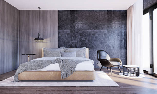 Bedroom interior with black stone wall , ceiling side lamps and wooden floor.3D render