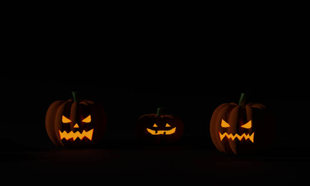 istock Halloween pumpkin and Jack O lanterns light on dark background. 3D rendering 1338978766