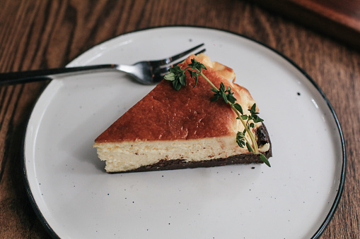 Homemade Basque Cheesecake. Healthy organic summer dessert pie cheesecake. New York–style cheesecake with a press-in cookie crust.