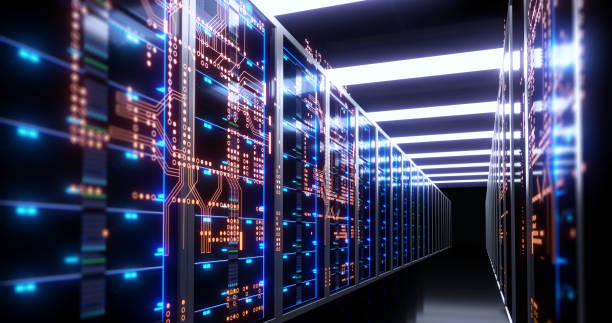 Corridor of  server room with server racks in datacenter. 3d illustration stock photo