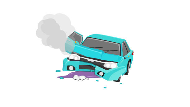 Cartoon accident picture of a passenger car. Bonnet was opened and the front was severely damaged. With smoke coming out from engine the front. Cartoon accident picture of a passenger car. Bonnet was opened and the front was severely damaged. With smoke coming out from engine the front. There was oil spilling out below. broken car stock illustrations