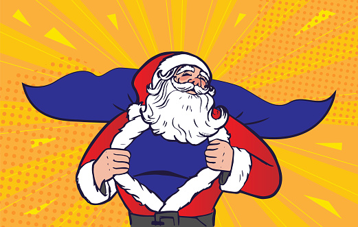 Santa claus muscular superman tearing, hero ripping his clothes, christmas pop art poster. Vector illustration