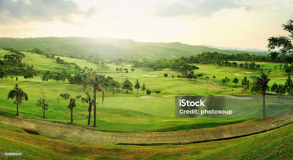 Golf course panorama Beautiful panorama golf course at sunrise Golf Course Stock Photo