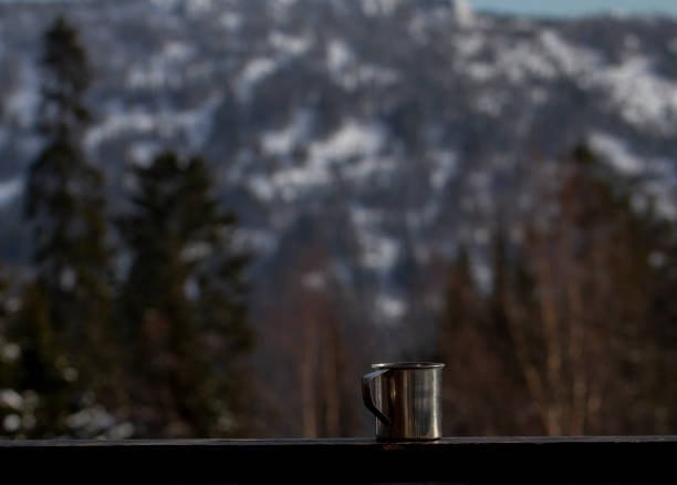 istock Hot drink mug on the camping terrace 1338982458