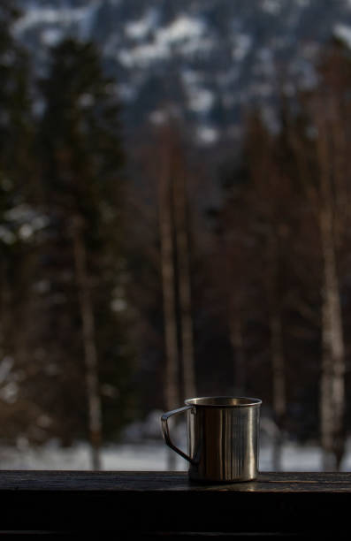 istock Hot drink mug on the camping terrace 1338982463