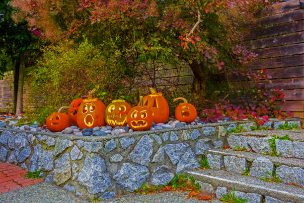 Halloween pumpkins on on  rocky stairway stock photo