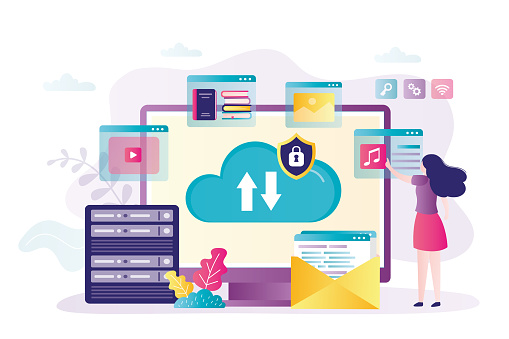 User uploads and downloads content from storage. Female character transfers information to database. Cute woman storing data on cloud server. Cloud computing services. Flat vector illustration