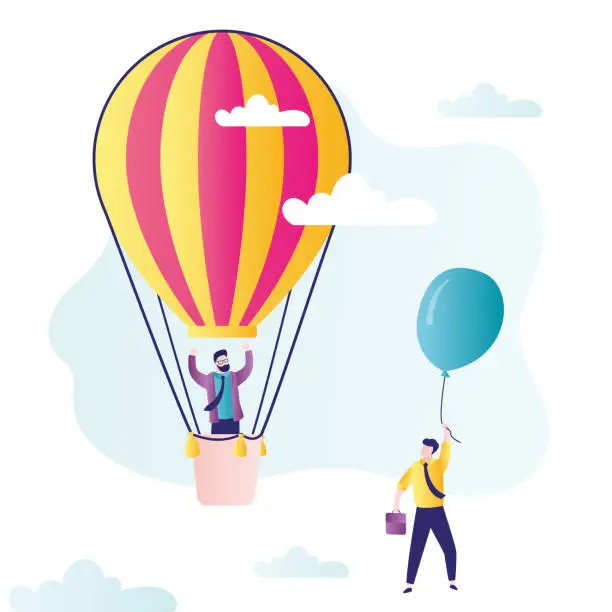 Vector illustration of Happy businessman overtakes competitor. Entrepreneur in big hot air balloon flies higher