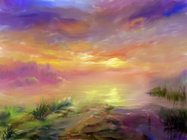 istock Summer sunset on the river, oil painting 1338988884
