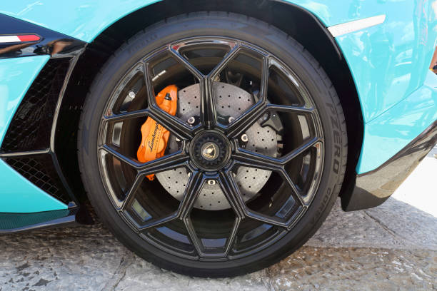 Opatija, Croatia - September 4, 2021: Lamborghini Aventador SVJ sport car wheel