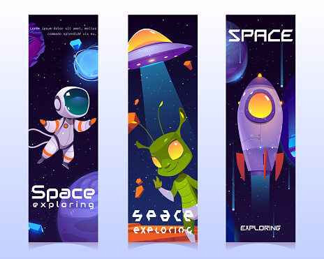 Space exploring cartoon vertical banners set.