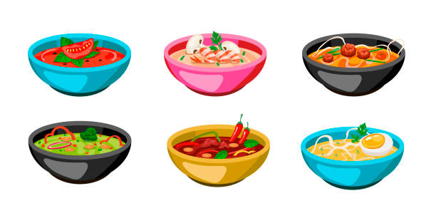 ilustraciones, imágenes clip art, dibujos animados e iconos de stock de juego de coloridos cuencos de sopa - sopa de verduras