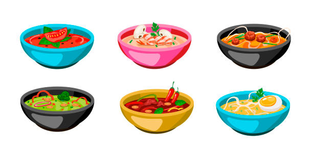 Set of colorful bowls of soup Set of colorful bowls of soup. Cartoon vector illustration. Hot gazpacho, tomato, chicken soup with curry, turmeric, sour cream, mushrooms in dishes on white background. Food, diet, cuisine concept vegetable soup stock illustrations