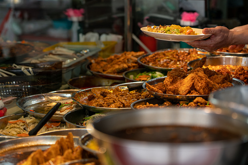 wide range choices of asian dishes, economy rice or mixed rice stall. Hawker food. Selective focus