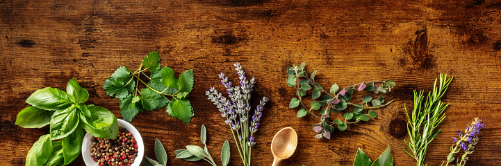 Fresh aromatic herbs panoramic banner with copy space, overhead flat lay shot on a rustic wooden background with spices. Bunches of rosemary, basil, thyme, lavender, and various other culinary plants
