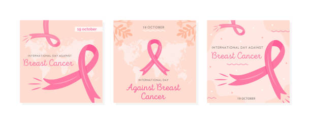 ilustrações de stock, clip art, desenhos animados e ícones de set of vector cards for international day against breast cancer. collection of square banner templates for mammary cancer campaign with pink cartoon ribbons and world map on background. illustration. - cancer cell cancer breast cancer breast