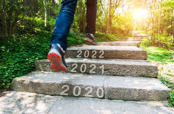 istock Man legs jumping from 2020 to 2022 on stone footpath 1338993495