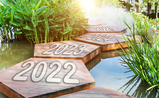 Number 2022 to 2025 on wooden walkway on the water