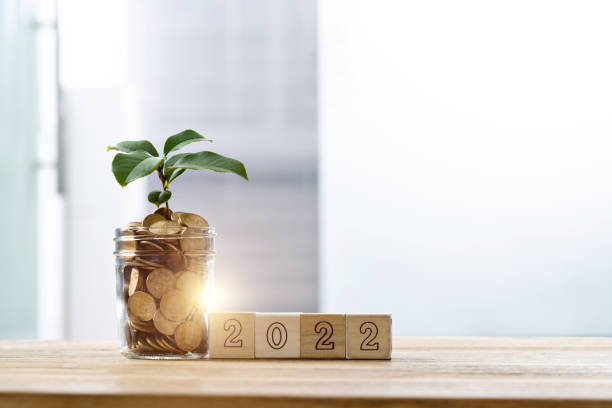 istock Coin jar and blocks with number 2022 on the table 1338994377