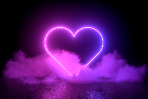 3d abstract background, Heart Shape with ultraviolet neon lights, cosmic landscape with smoke.