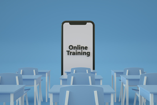3d rendering of Online Training Concept with Smart Phone and School Desks